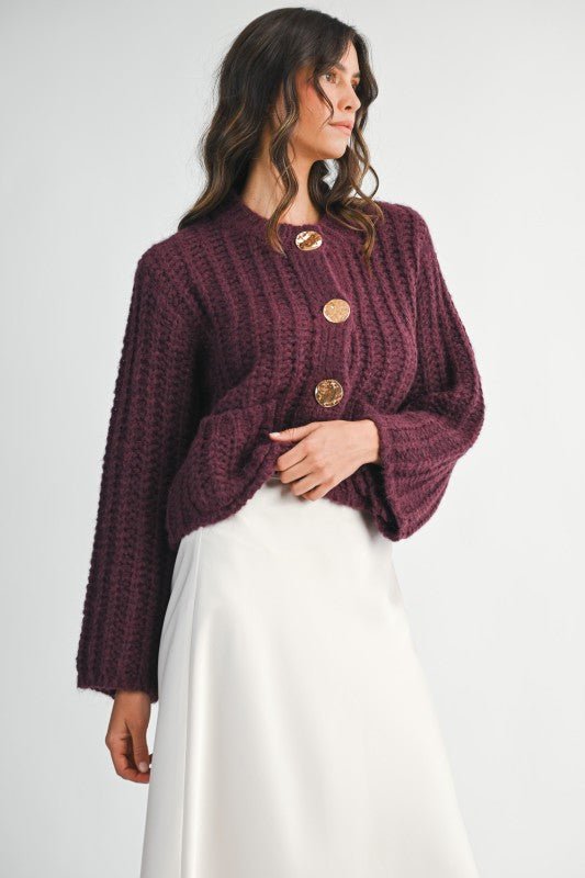 Chunky Knit Long Sleeve Gold Button Down Cardigan - LaRella