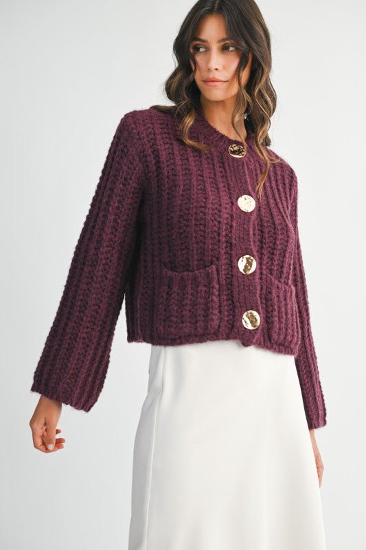 Chunky Knit Long Sleeve Gold Button Down Cardigan - LaRella