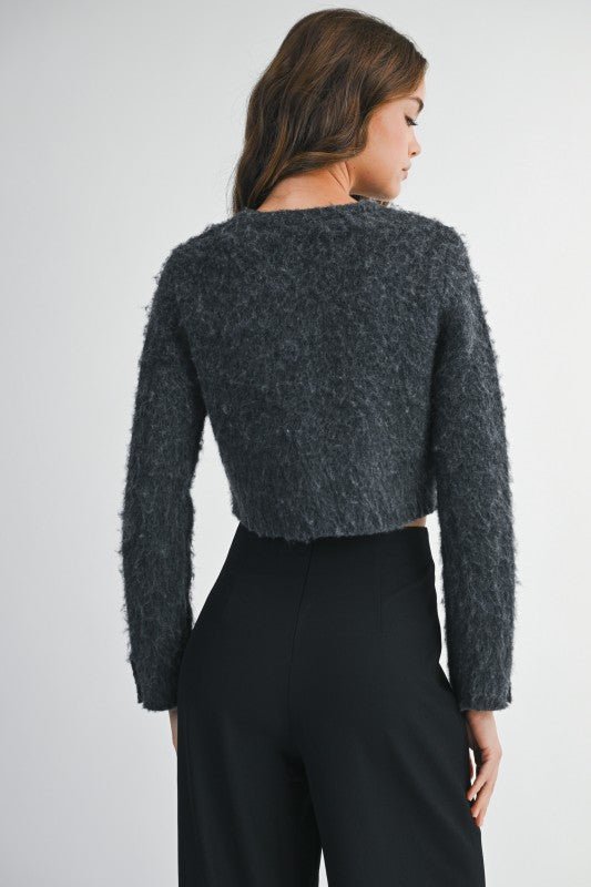 Fuzzy Knit Jewel Button Down Crop Cardigan - LaRella
