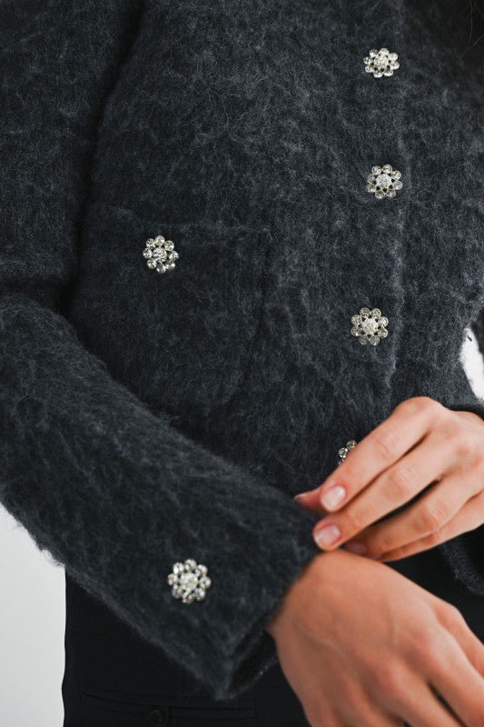 Fuzzy Knit Jewel Button Down Crop Cardigan - LaRella