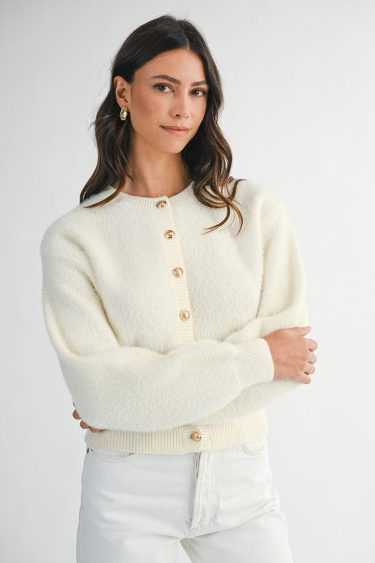 Fuzzy Knit Round Neck Bottom Down Cardigan - LaRella