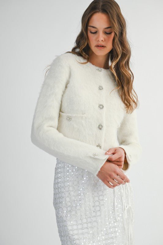 Fuzzy Knit Round Neck Bottom Down Cardigan - LaRella