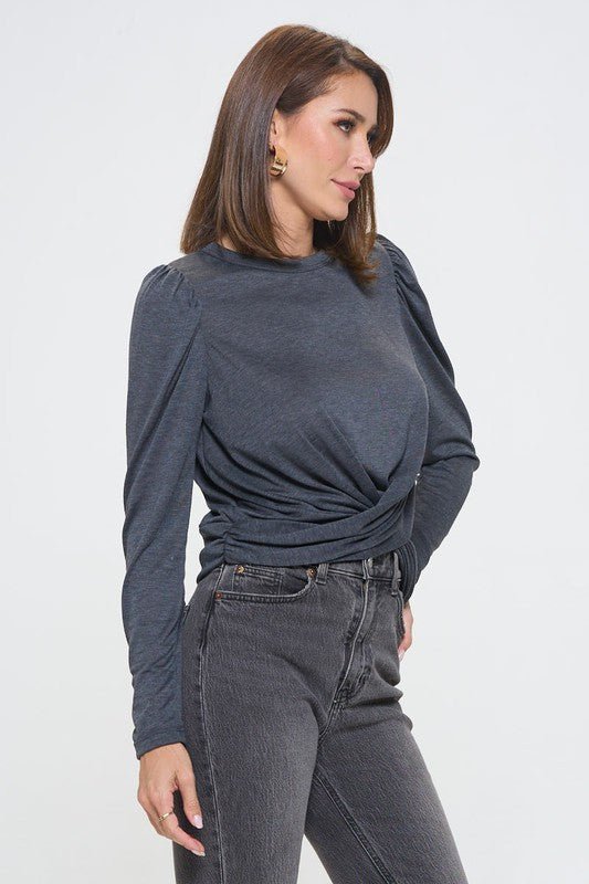 Knit Top with Puff Long Sleeve and Front Twist - LaRella