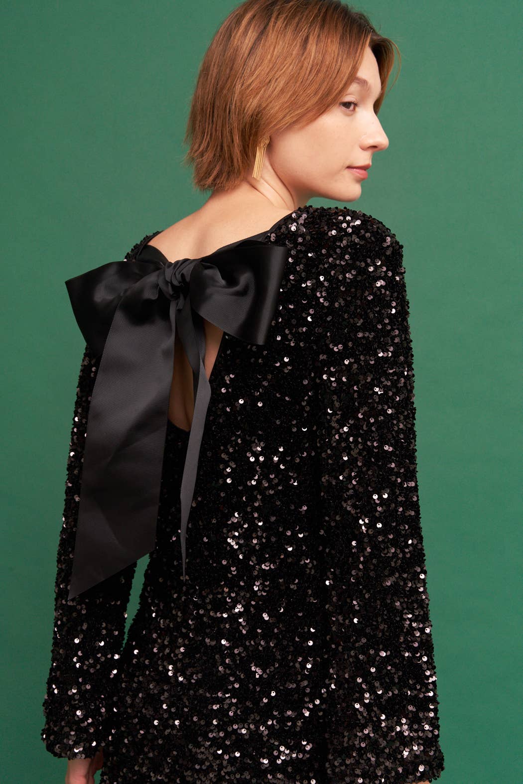 bow back dress long sleeve Sequin Mini with Tie Black / M Make this day that COLOR:Champagne Blush/Black black flowy dress DIARRABLU Women's Raya Gown