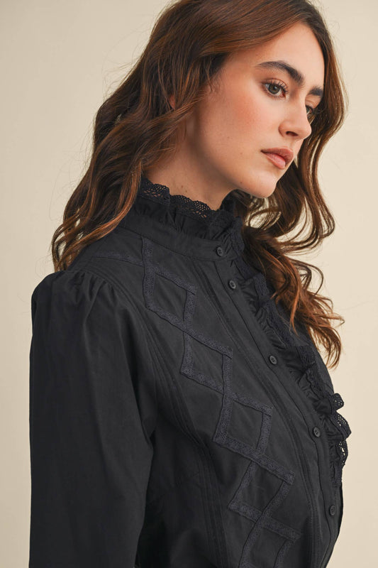&MERCI - RUFFLED LACE TRIM BUTTON DOWN TOP MTP4210 - LaRella