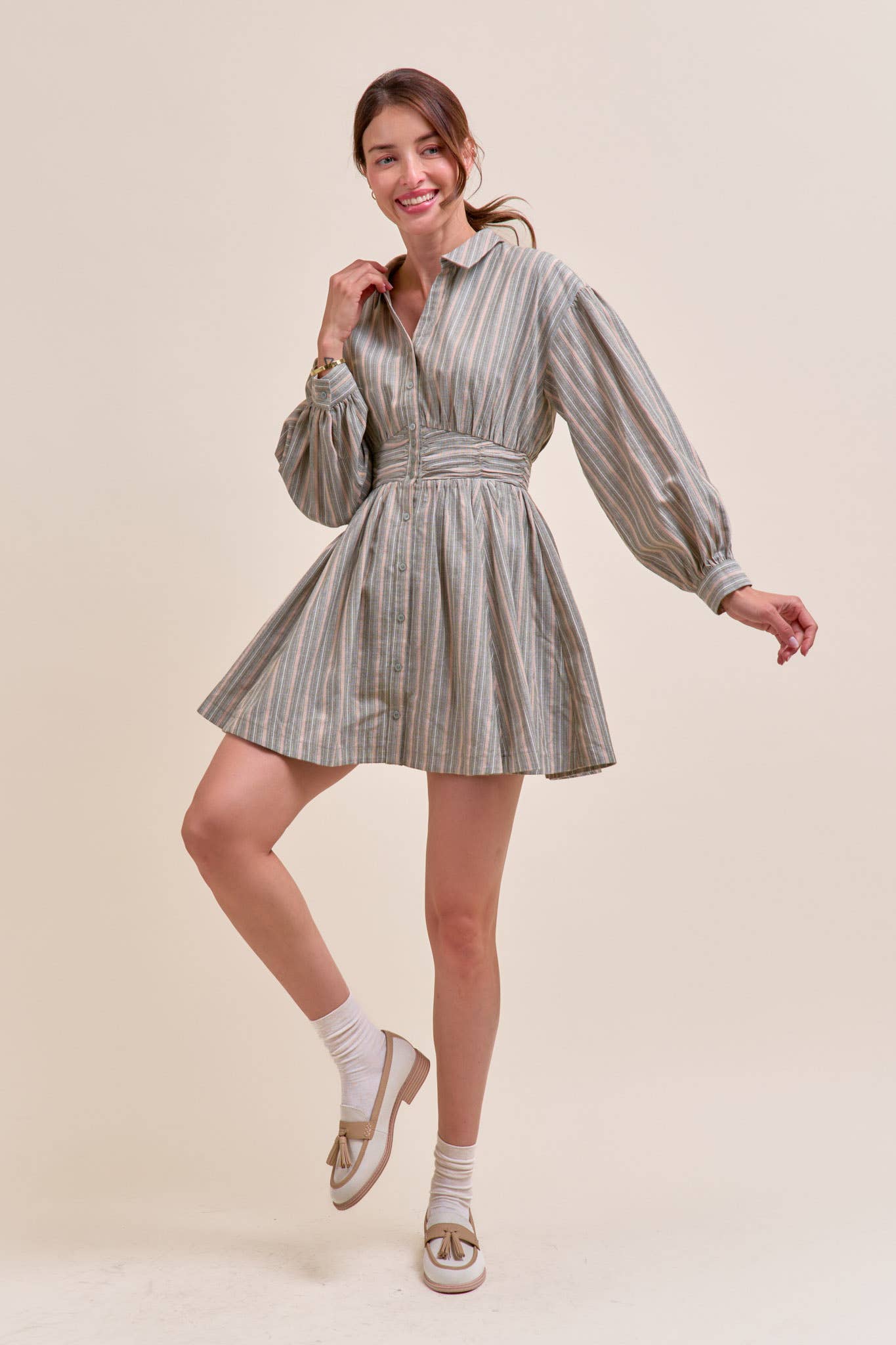 &MERCI - STRIPED BUTTON DOWN RUCHED WAIST MINI DRESS MDR4183 - LaRella