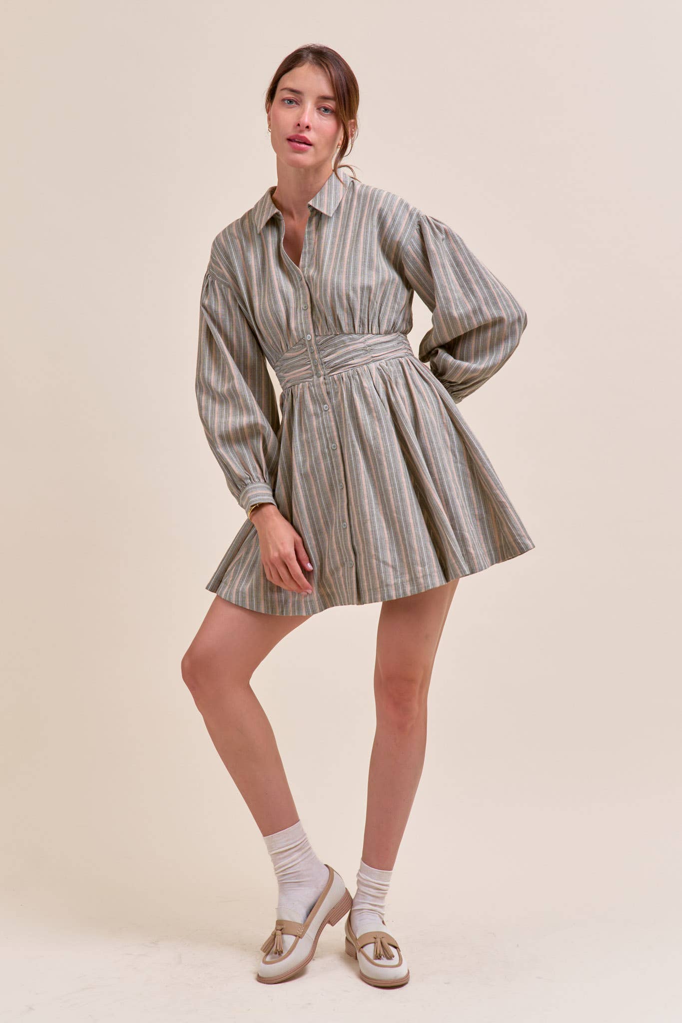 &MERCI - STRIPED BUTTON DOWN RUCHED WAIST MINI DRESS MDR4183 - LaRella