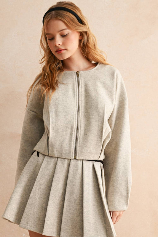 MIOU MUSE - J6763 PLEATED DETAIL ZIPPER FRONT JACKET - LaRella