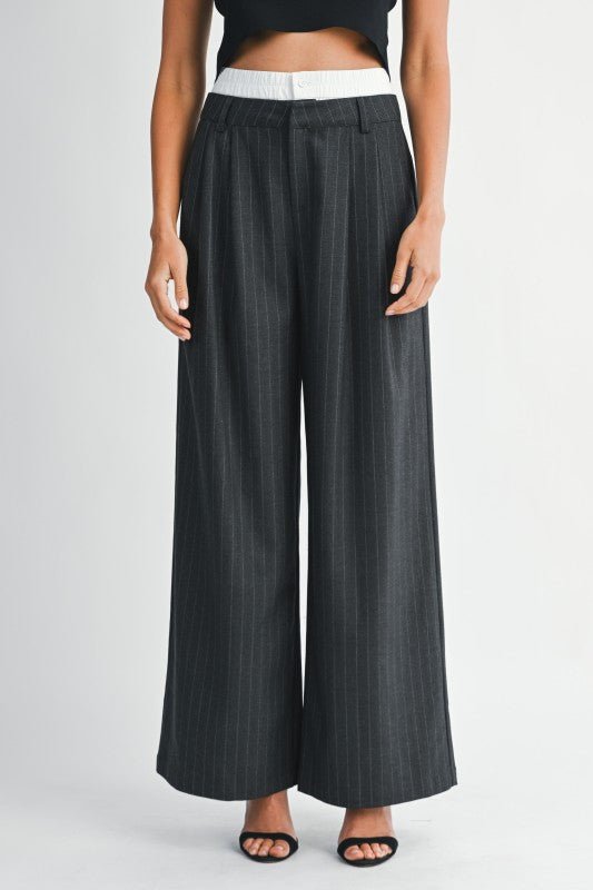 Pin Striped Wide Leg Pants With Elastic Waistband - LaRella