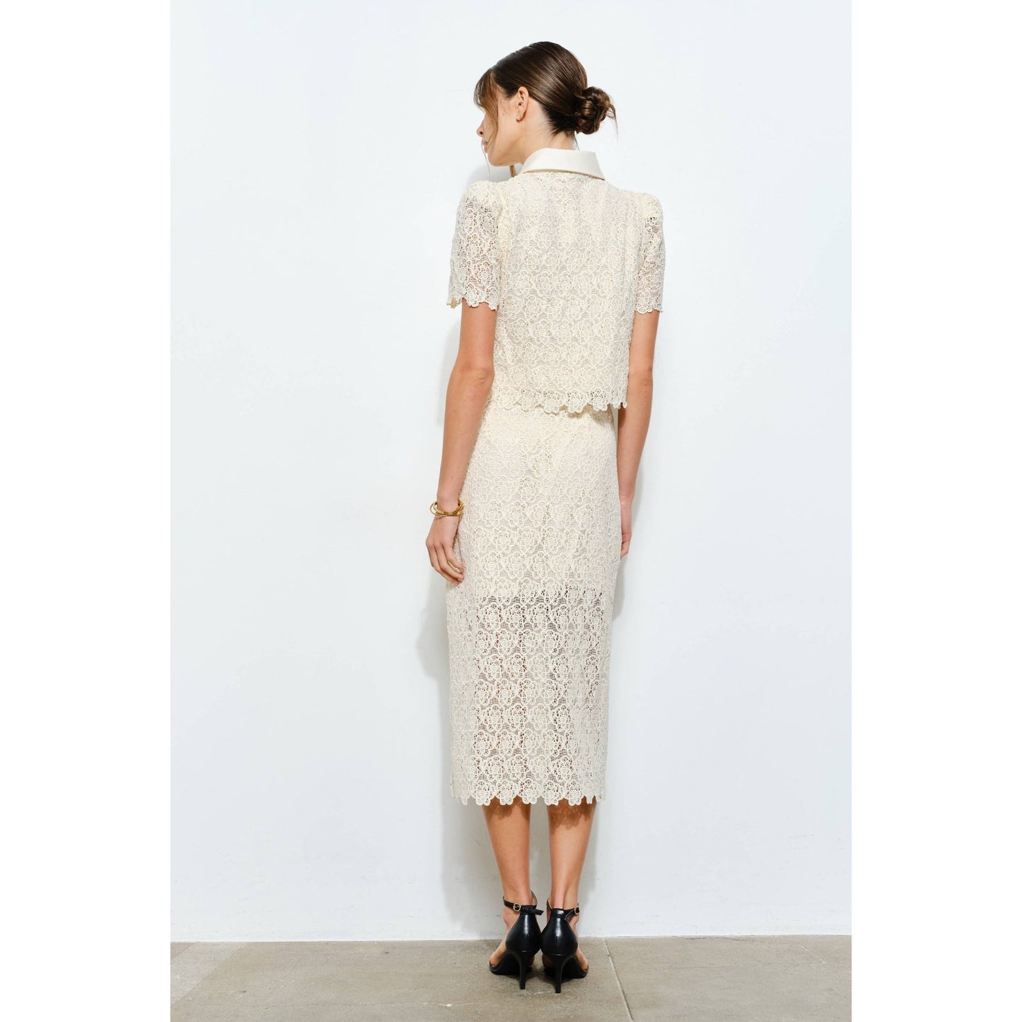 Puff Short Sleeve Pearl Button Lace Shirt - LaRella