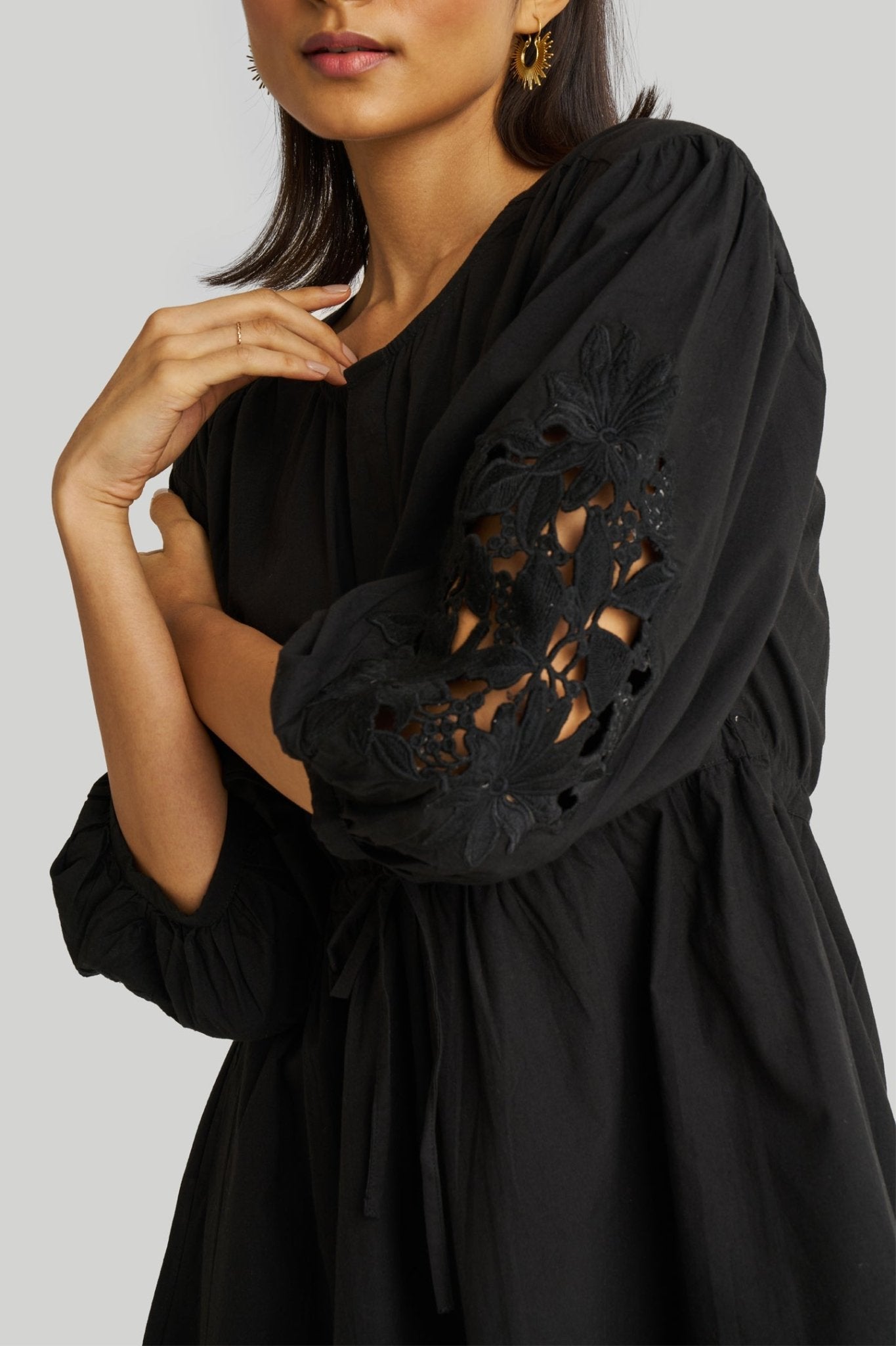 Shirt Dress with Balloon Sleeves in Black - LaRella