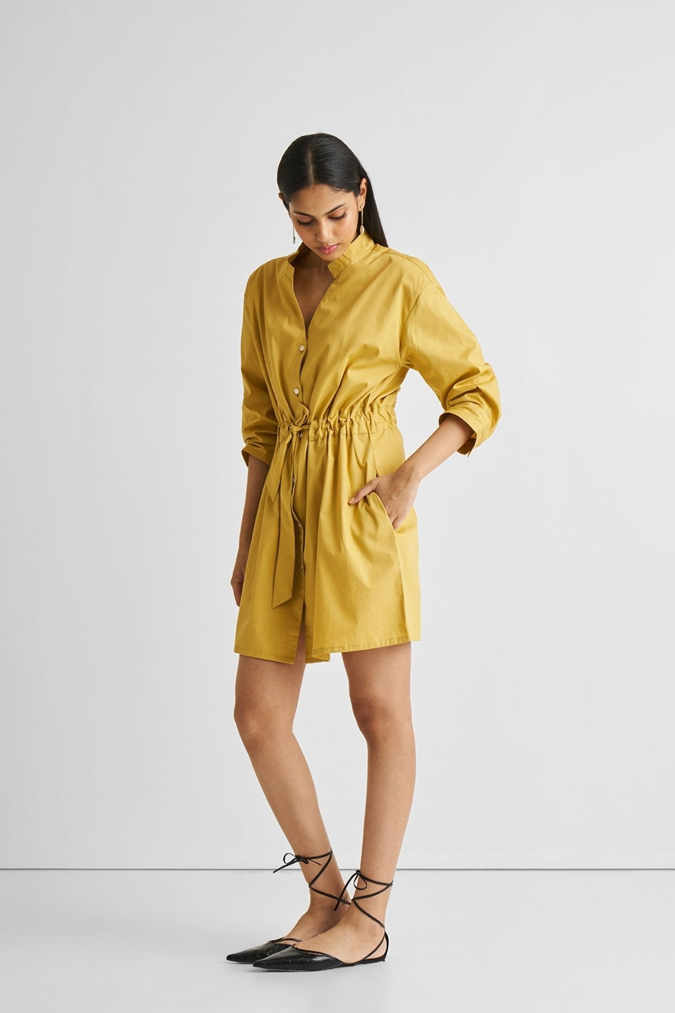 Short Tie Waist Dress in Tuscan Sun - LaRella