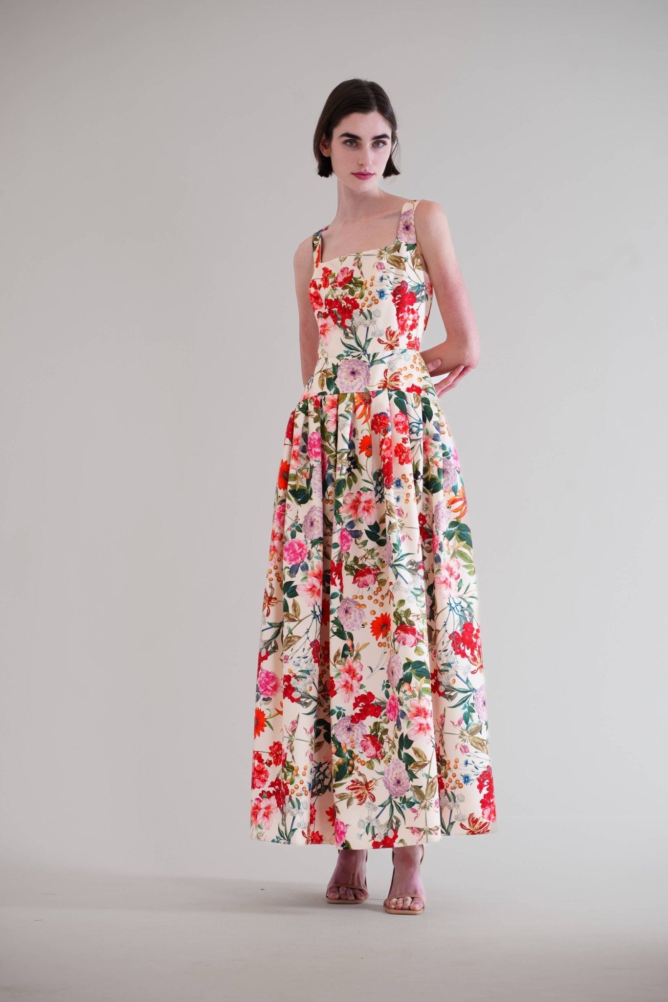 SQUARE NECK DROP WAIST W PLEATED LONG DRESS - La Rella