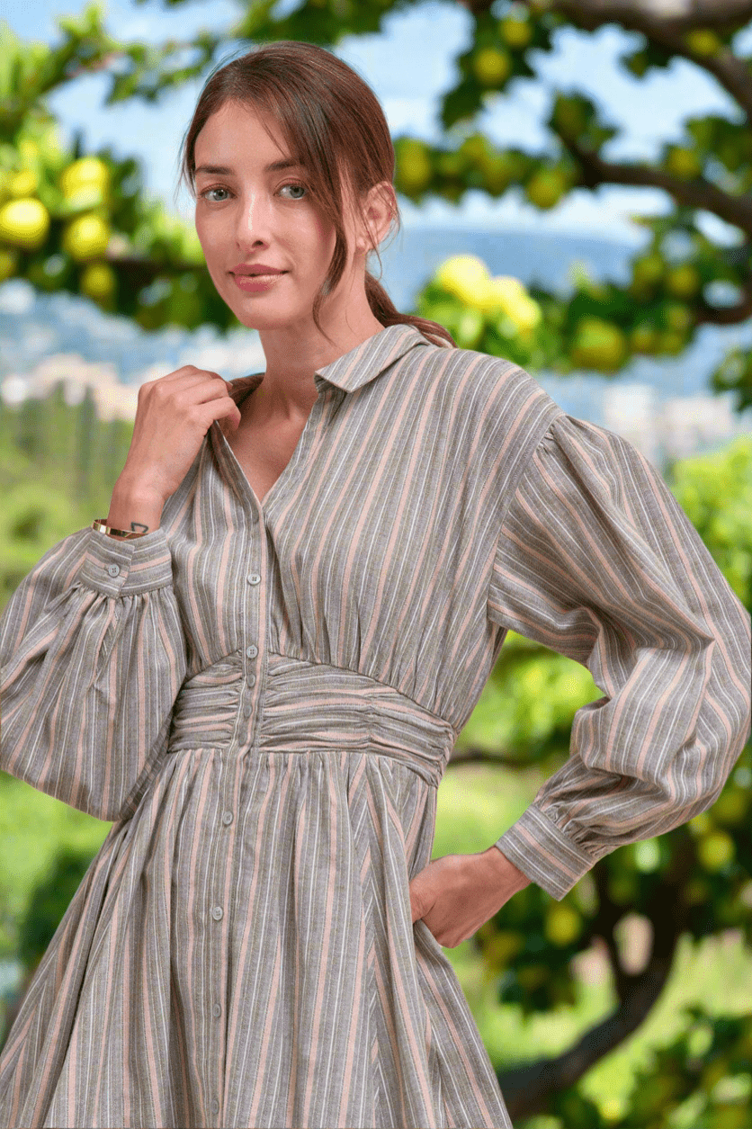 STRIPED BUTTON DOWN RUCHED WAIST MINI DRESS MDR4183 - LaRella