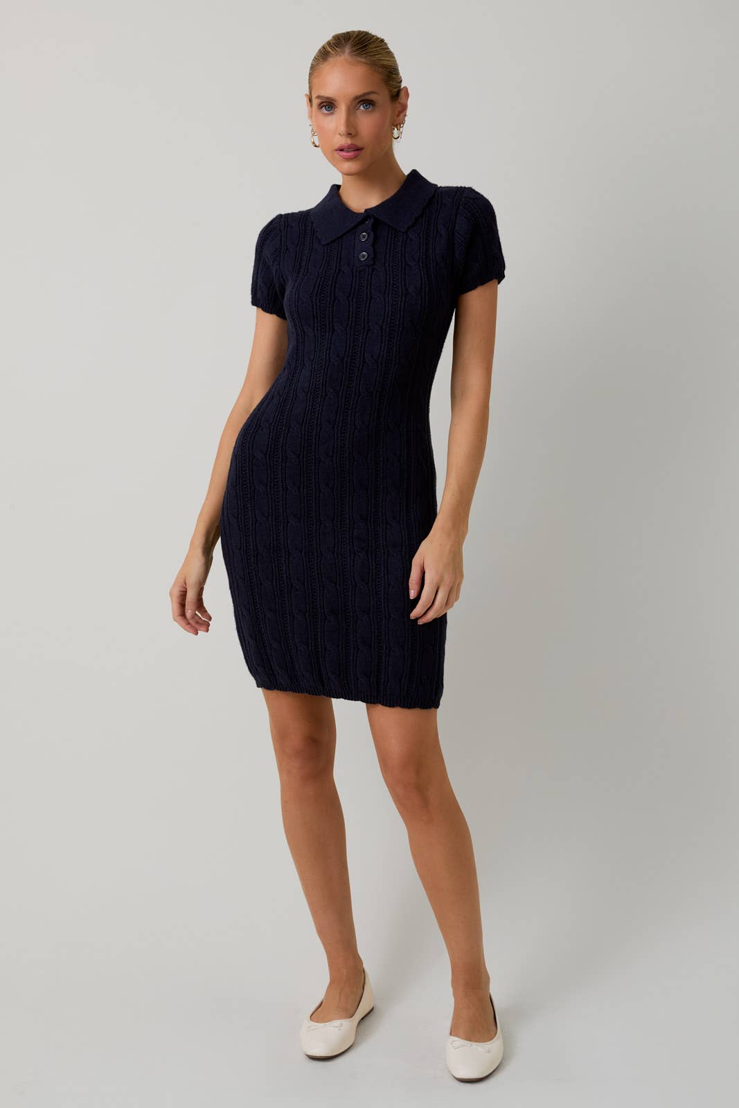 Sunday Edition by LE LIS - COLLAR SCALLOP DETAIL CABLE KNIT SWEATER MIDI DRESS - LaRella