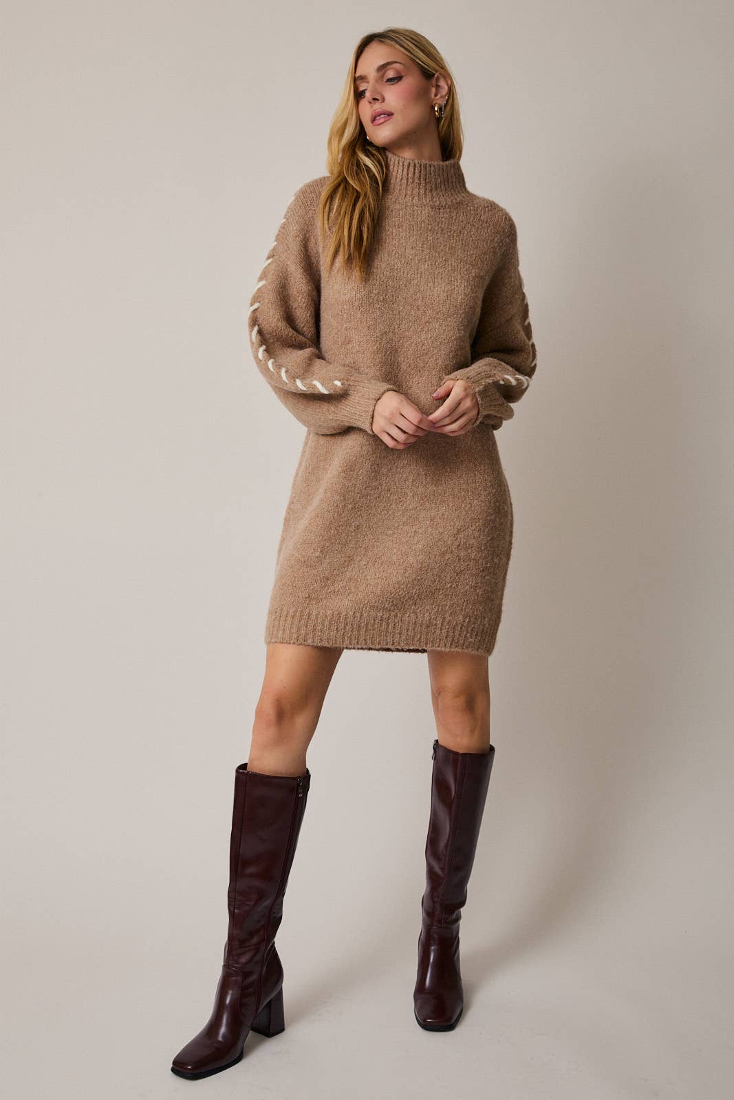 Sunday Edition by LE LIS - MOCK NECK LONG SLEEVE STITCH DETAIL SWEATER DRESS - LaRella