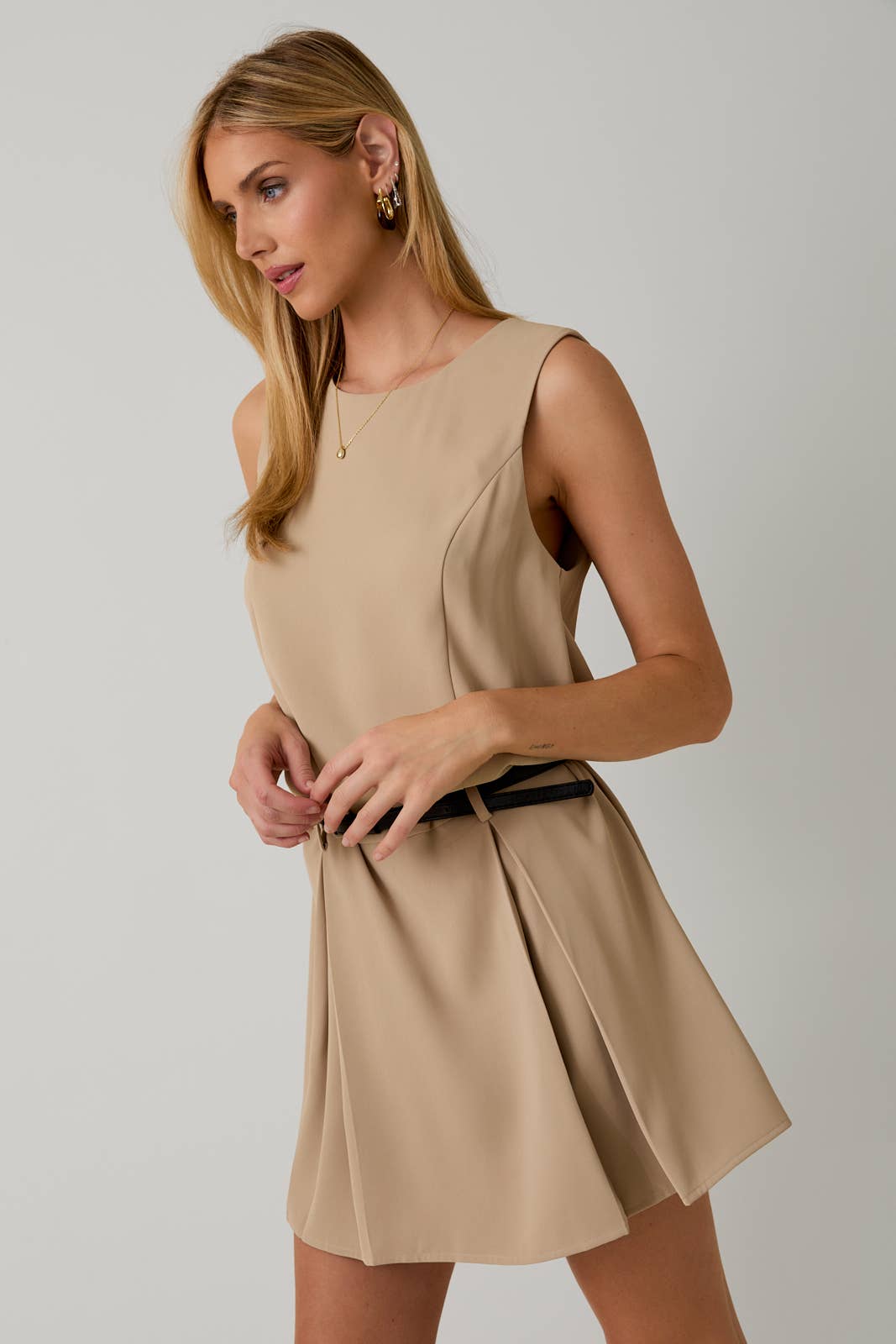 Sunday Edition by LE LIS - ROUND NECK SLEEVELESS DROP WAIST DRESS WITH BELT - LaRella