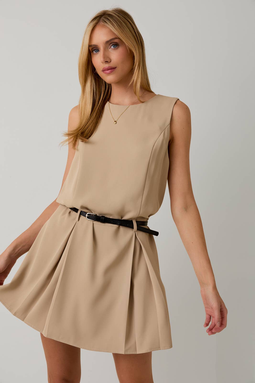 Sunday Edition by LE LIS - ROUND NECK SLEEVELESS DROP WAIST DRESS WITH BELT - LaRella