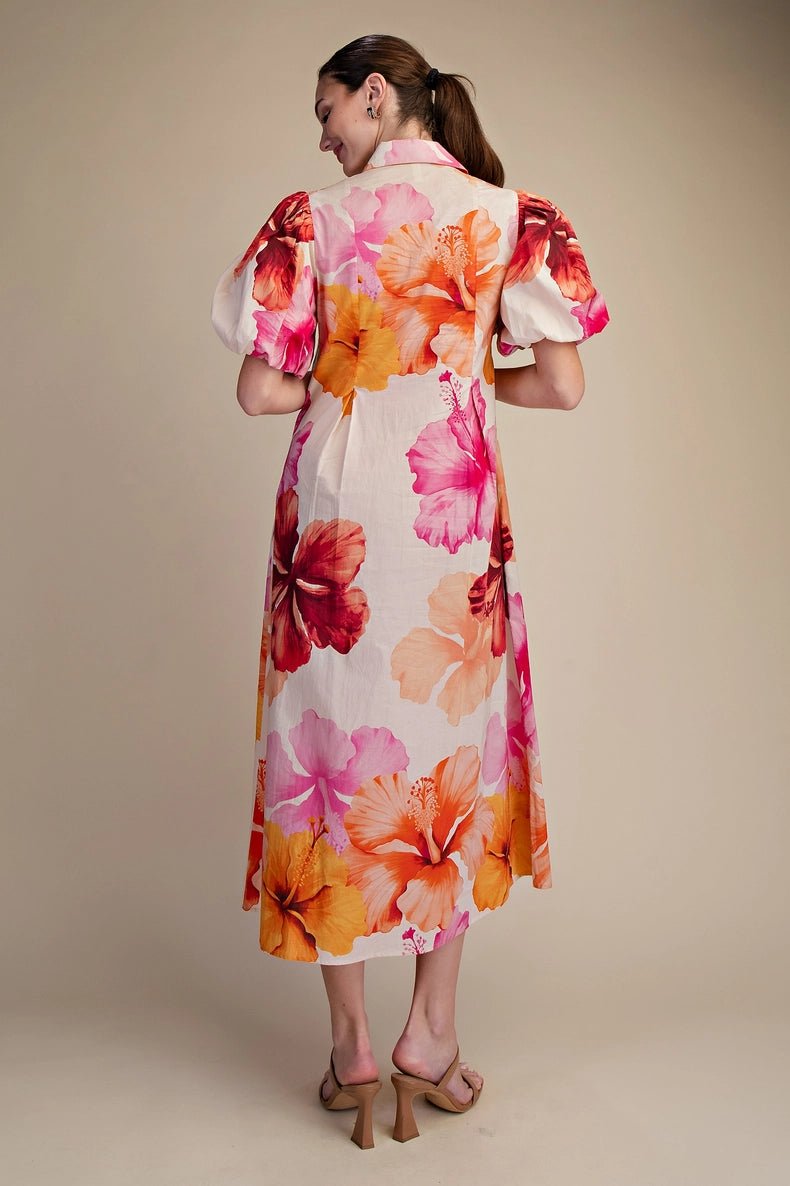 Tropical Floral Collared V-Neck Pleated Midi Dress with Puff Sleeves - La Rella