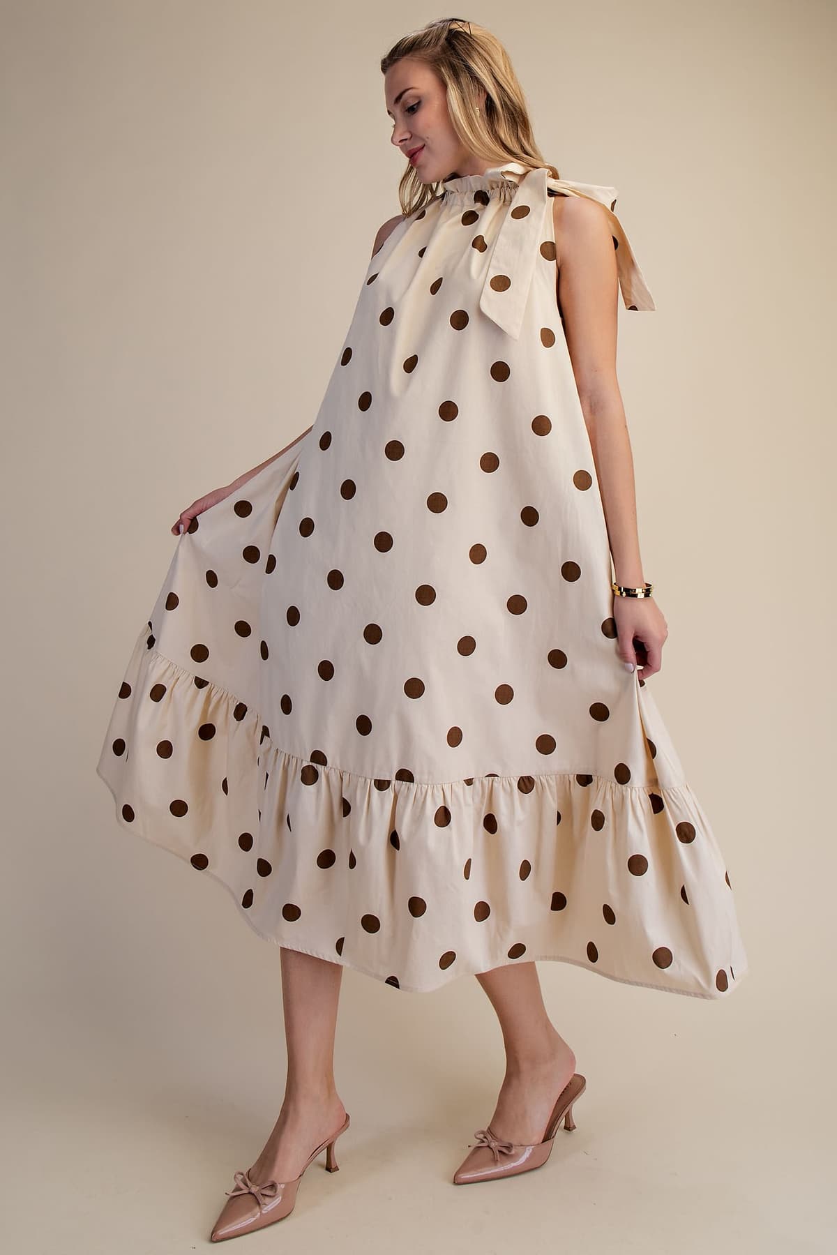 Vintage-Inspired Polka Dot Midi Dress with Pockets – La Rella