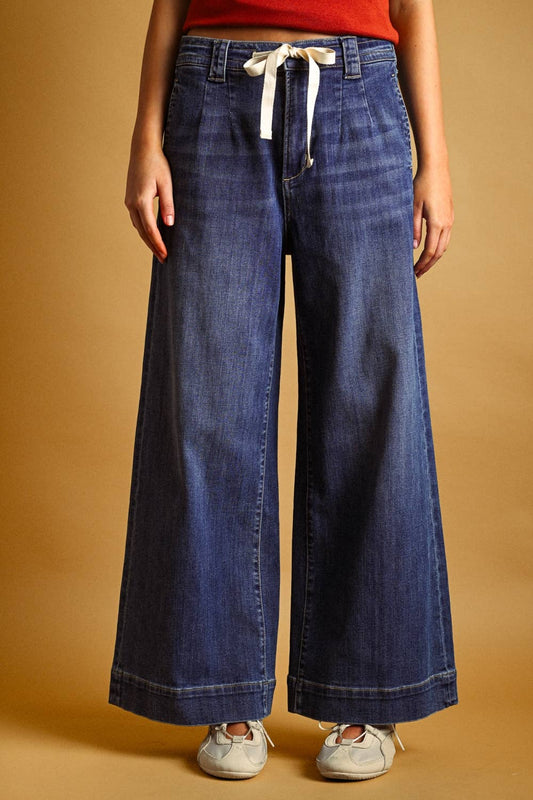 DARK WASHED TIED IN FRONT DENIM PANTS