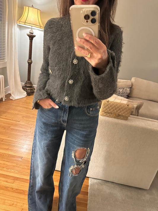 Fuzzy Knit Jewel Button  Down Crop Cardigan