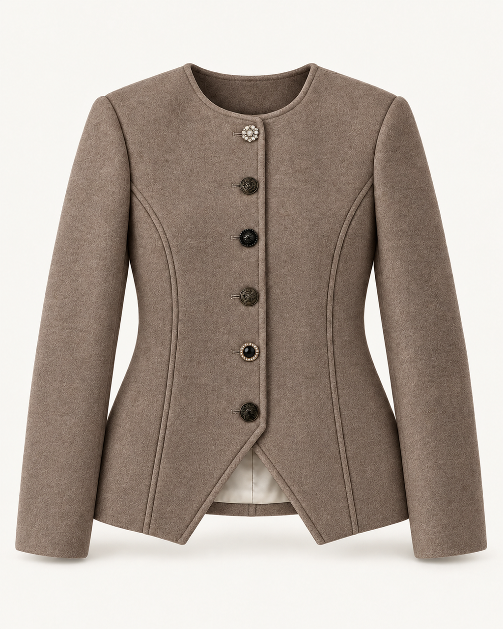Sculpted Collarless Jacket with Jeweled Buttons