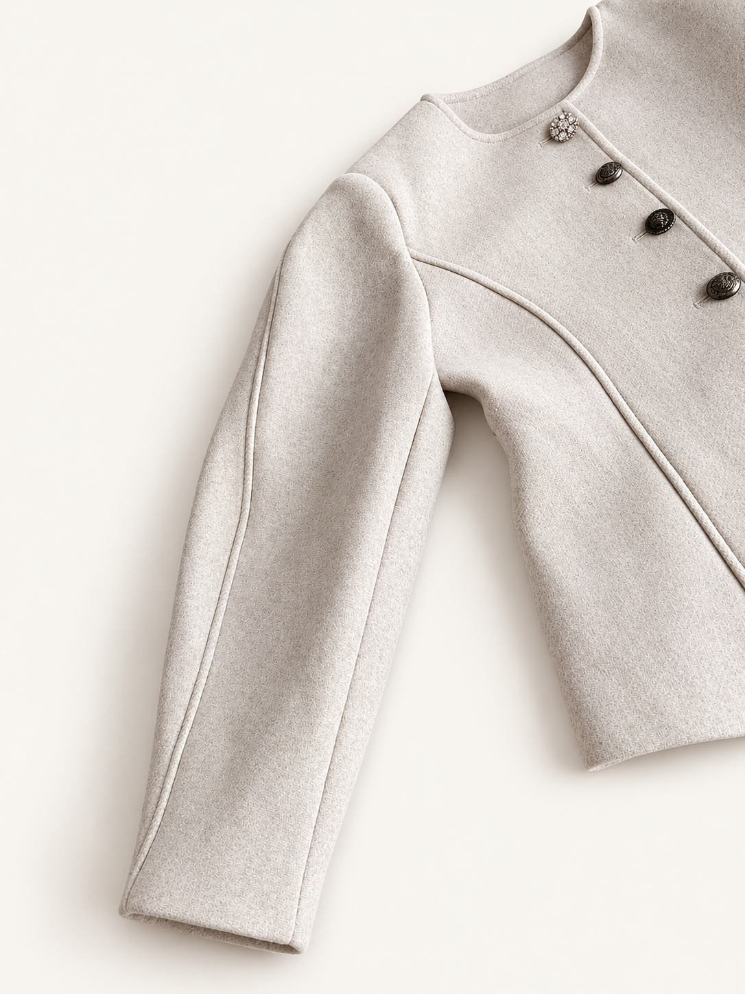 Sculpted Collarless Jacket with Jeweled Buttons