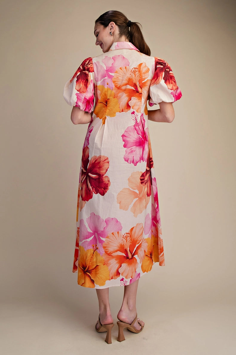 Tropical Floral Collared V-Neck Pleated Midi Dress with Puff Sleeves