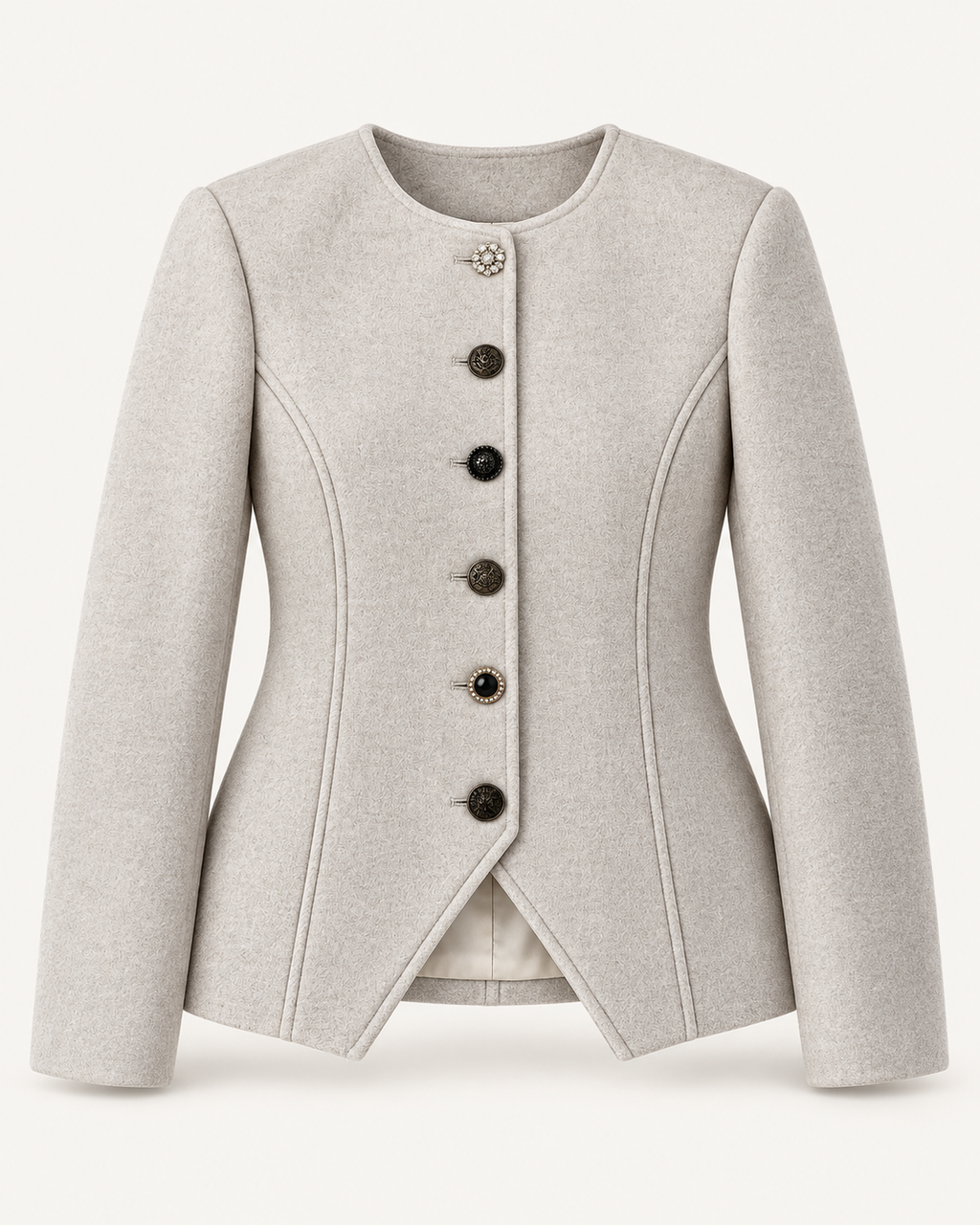 Sculpted Collarless Jacket with Jeweled Buttons