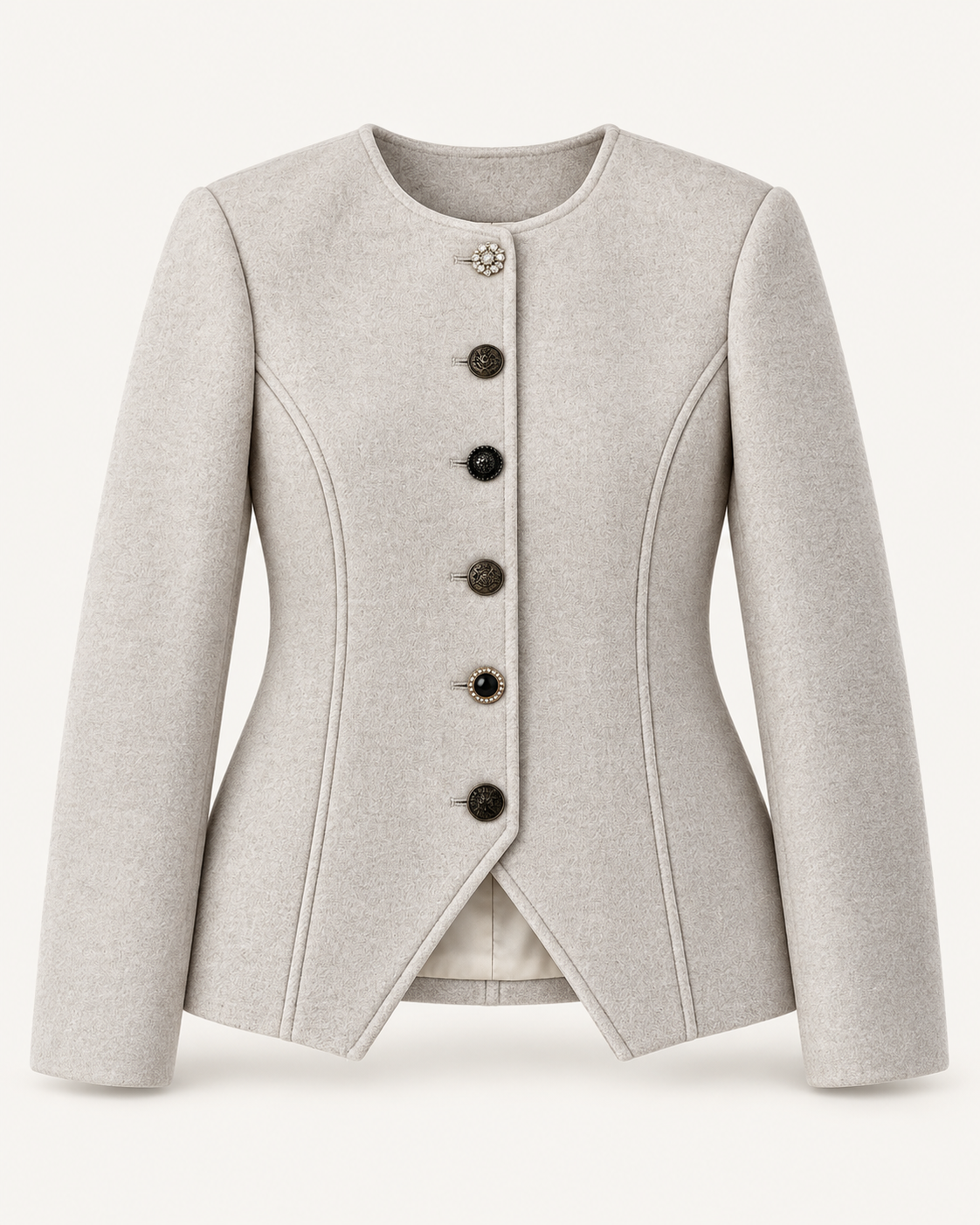Sculpted Collarless Jacket with Jeweled Buttons