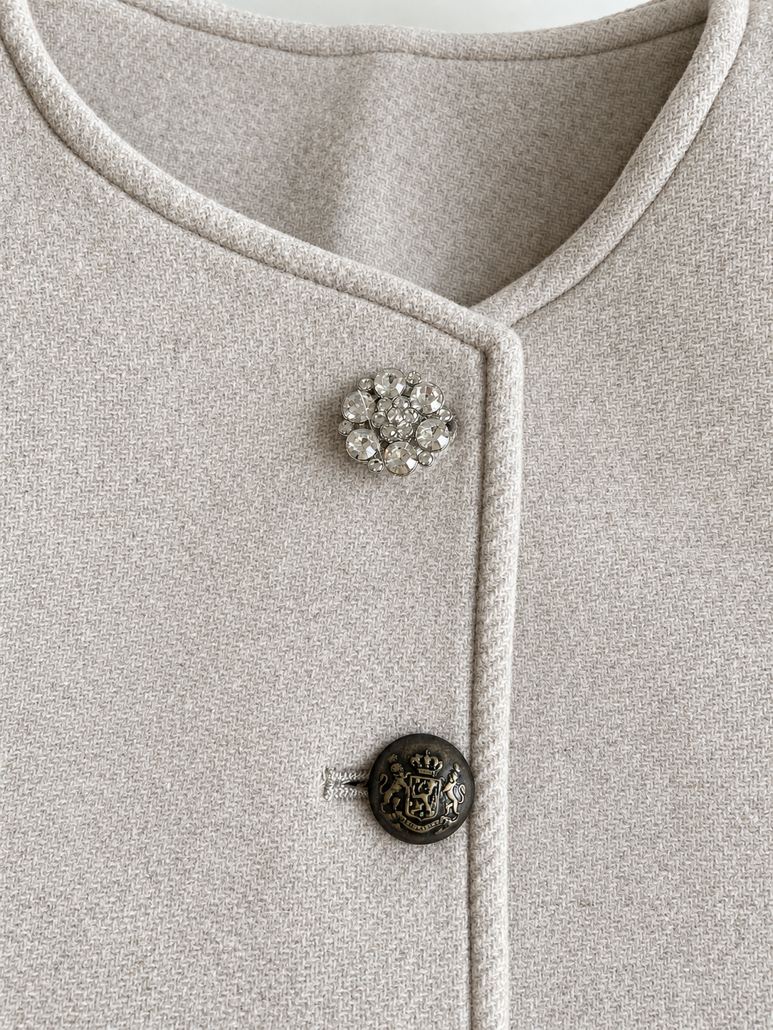 Sculpted Collarless Jacket with Jeweled Buttons