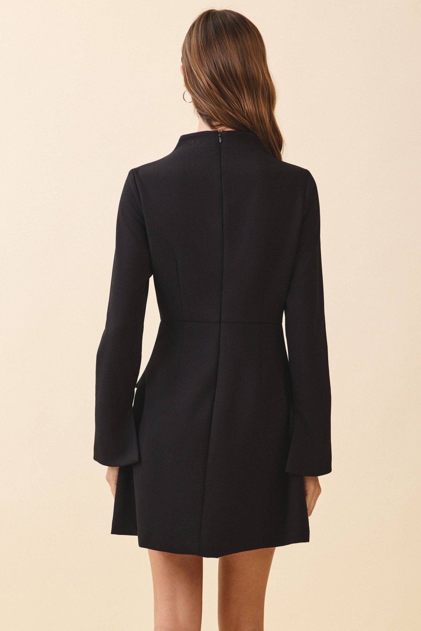 A Line Mock Neck Fitted Bodice Long Sleeve Dress - LaRella