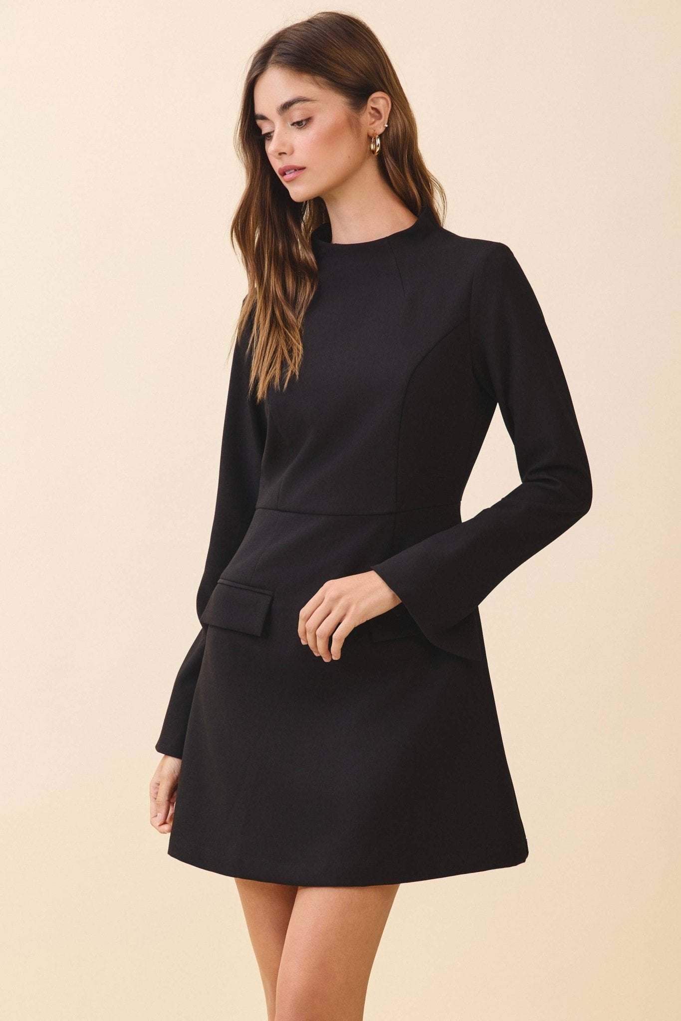 A Line Mock Neck Fitted Bodice Long Sleeve Dress - LaRella
