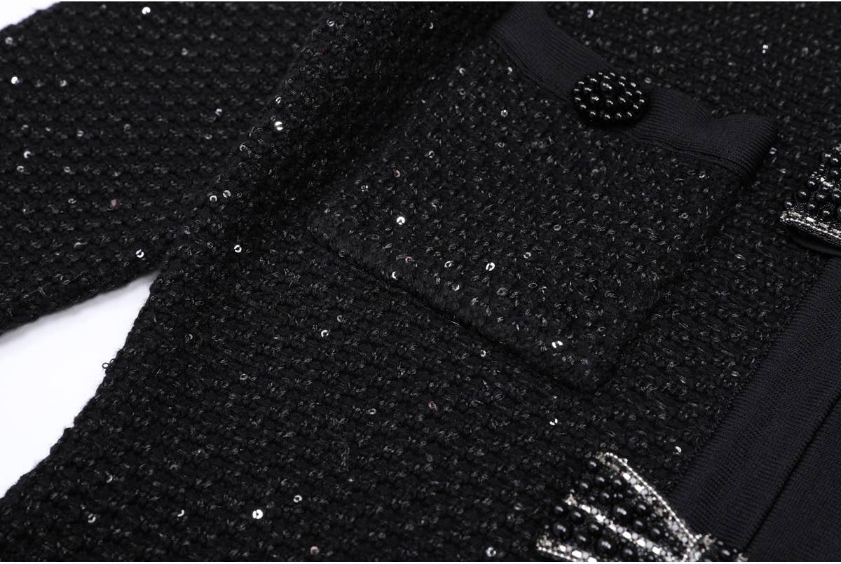 Black Knit Dress with Beaded Bows and Festive Flair - LaRella