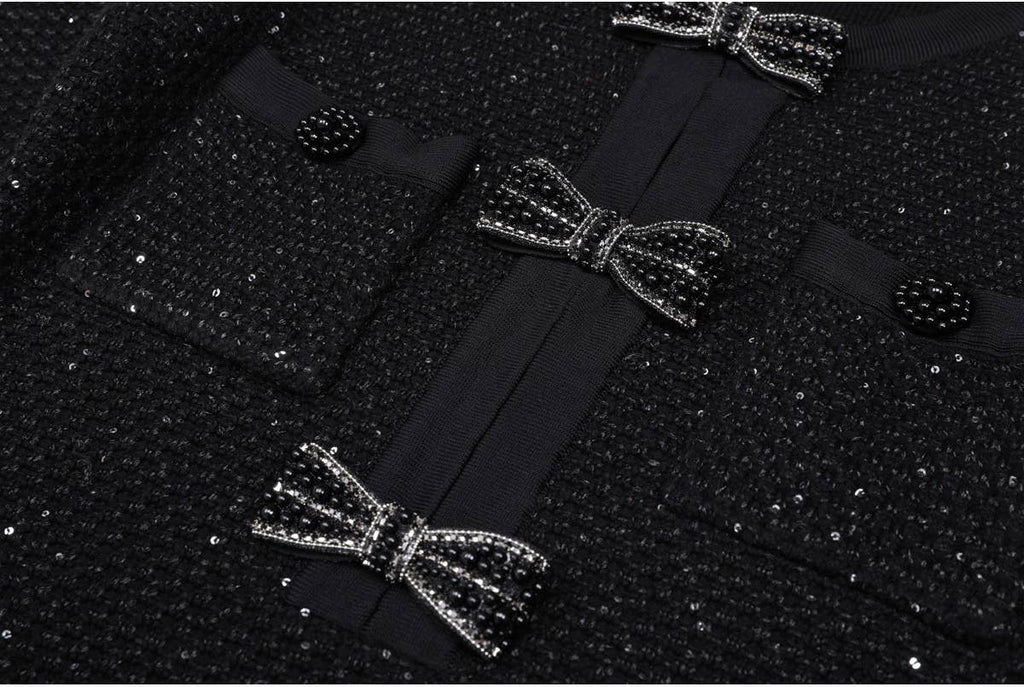 Black Knit Dress with Beaded Bows and Festive Flair - LaRella