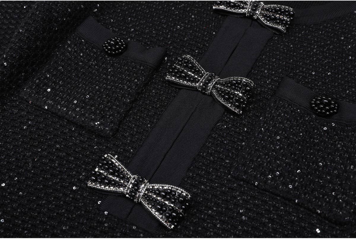 Black Knit Dress with Beaded Bows and Festive Flair - LaRella