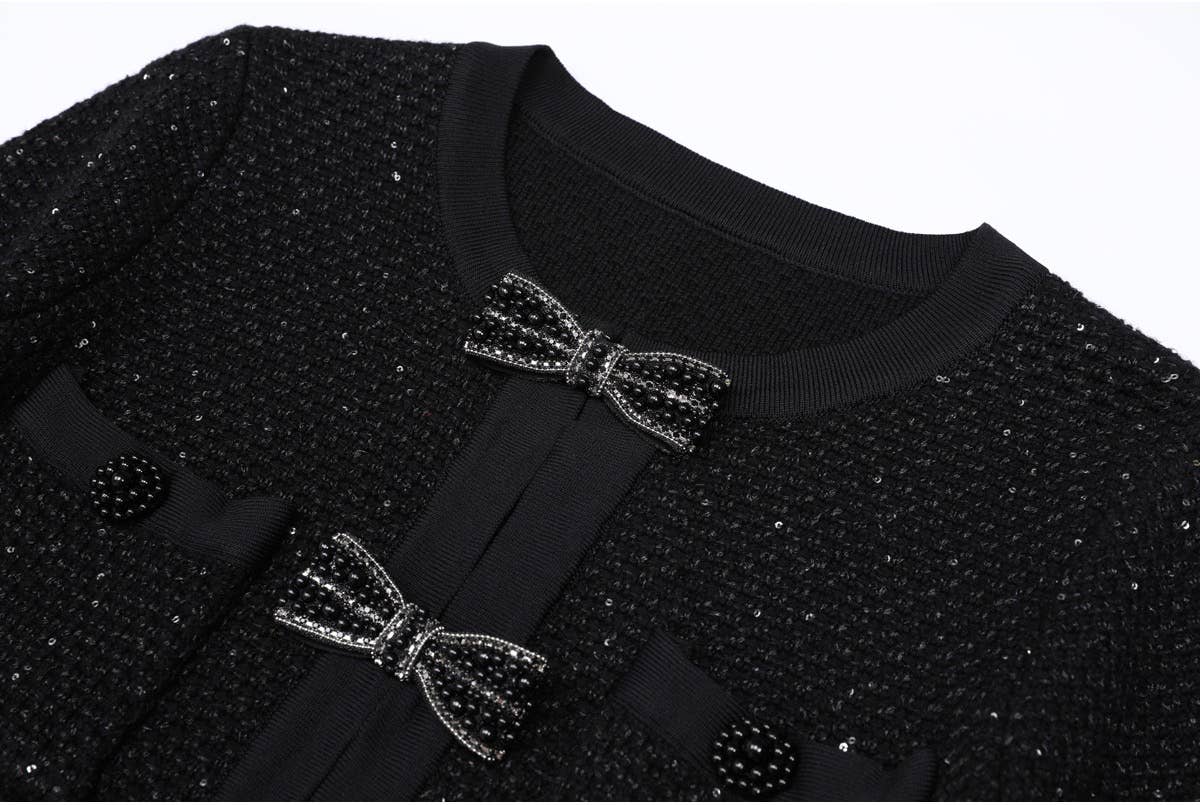 Black Knit Dress with Beaded Bows and Festive Flair - LaRella