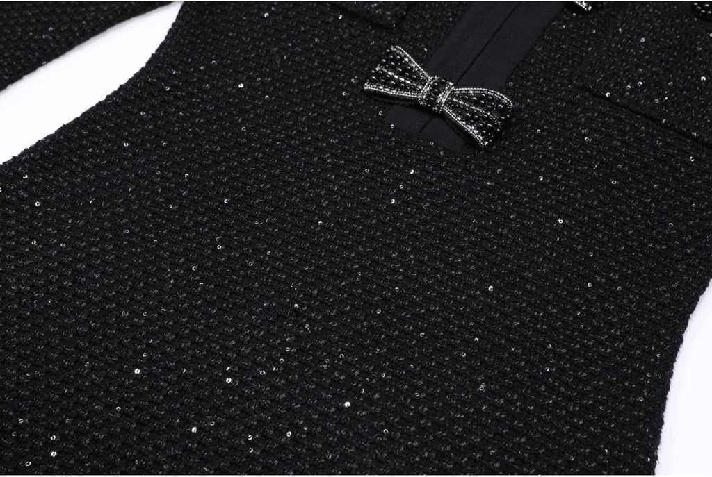 Black Knit Dress with Beaded Bows and Festive Flair - LaRella
