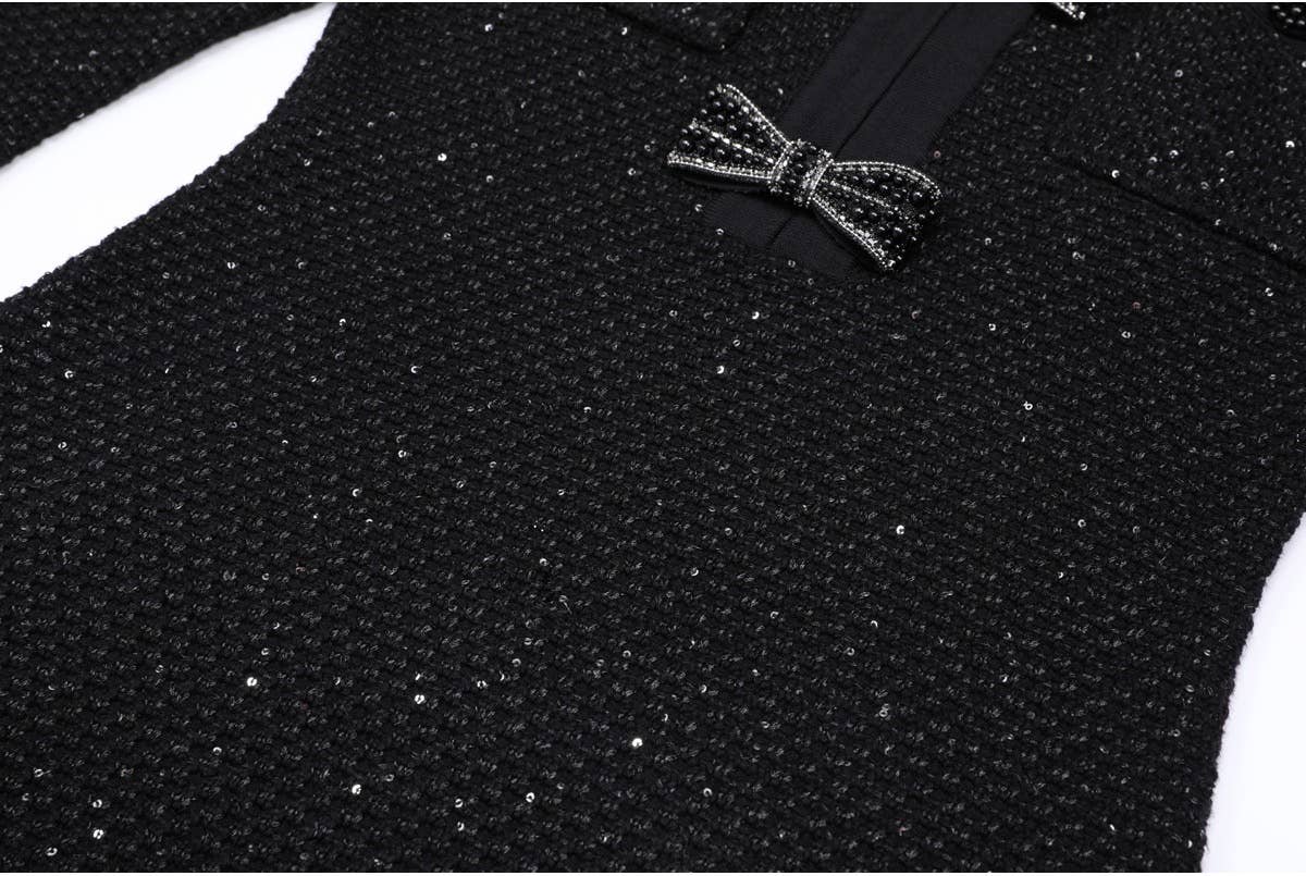 Black Knit Dress with Beaded Bows and Festive Flair - LaRella