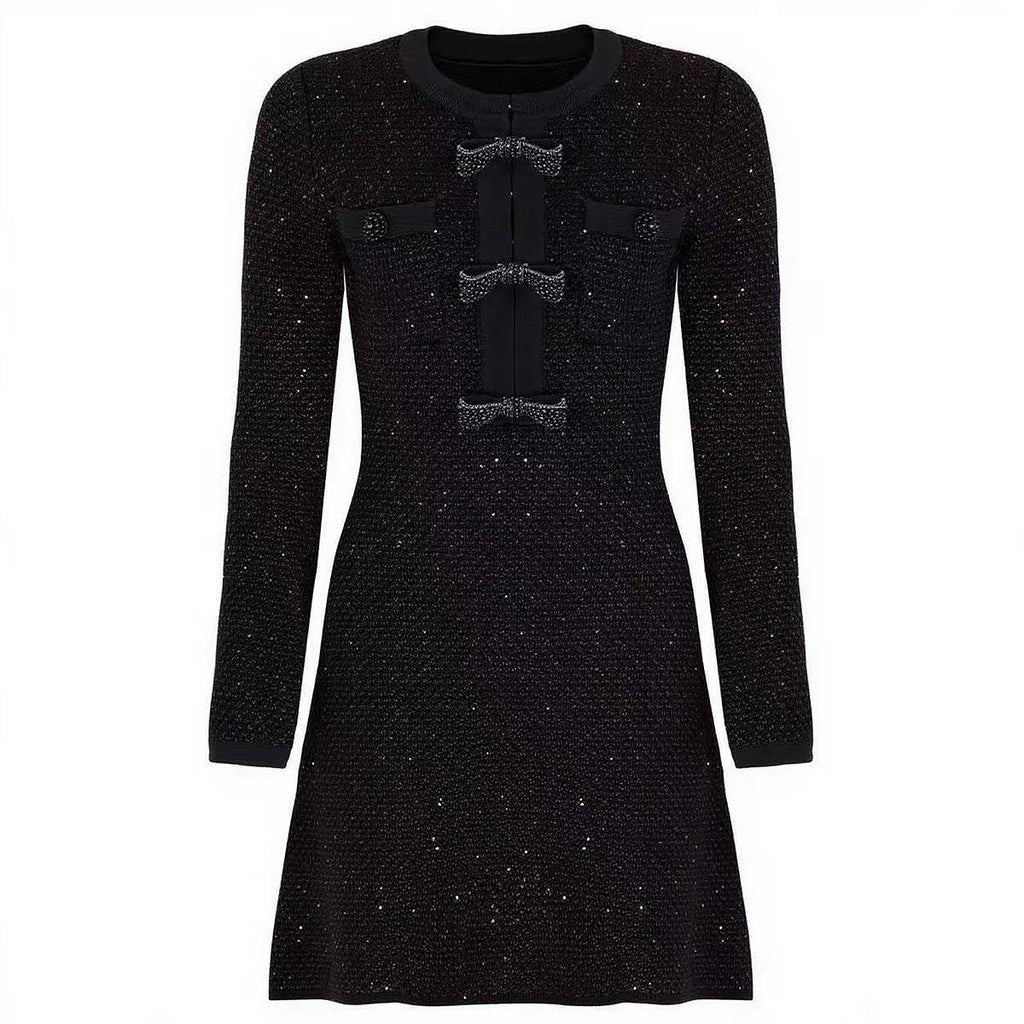 Black Knit Dress with Beaded Bows and Festive Flair - LaRella