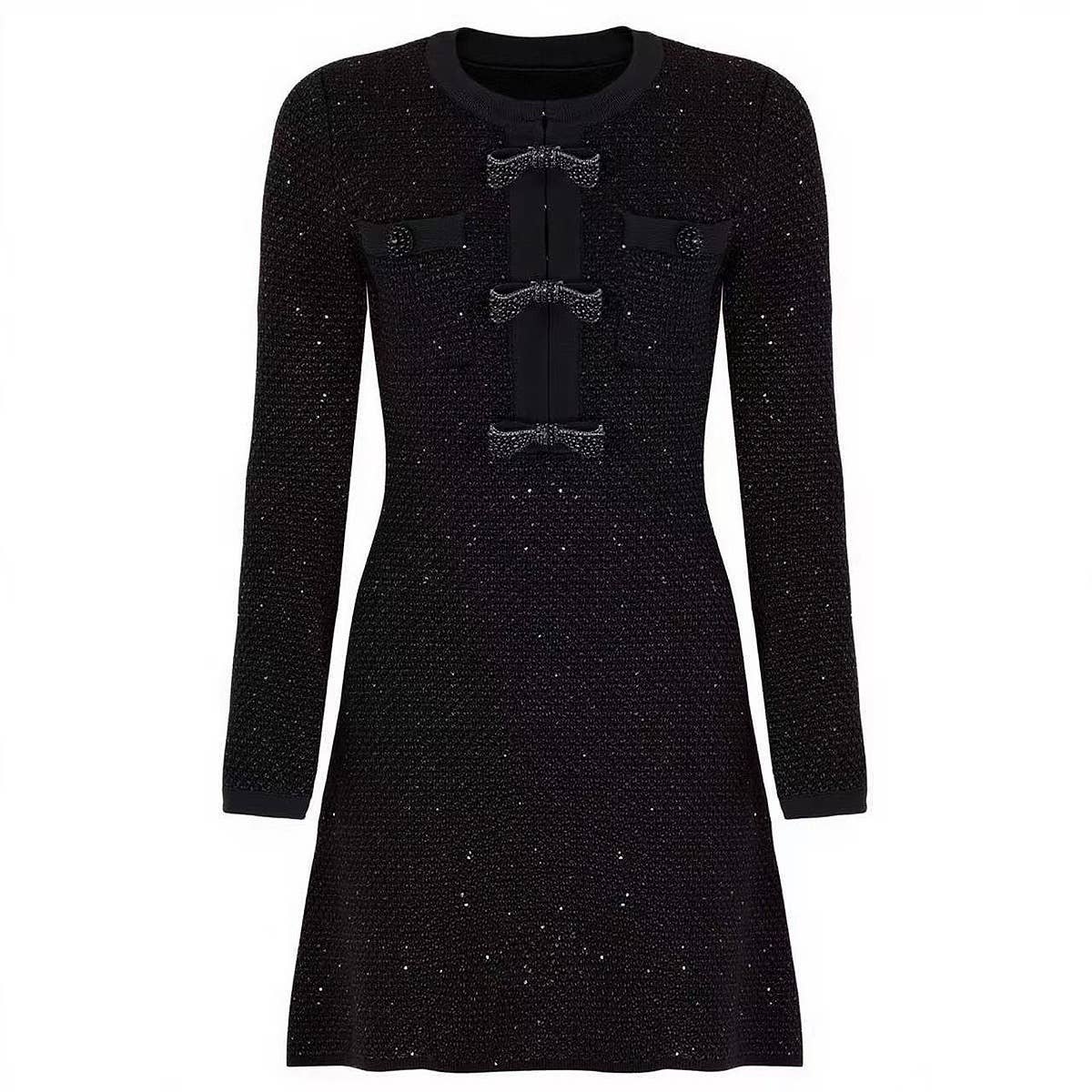 Black Knit Dress with Beaded Bows and Festive Flair - LaRella