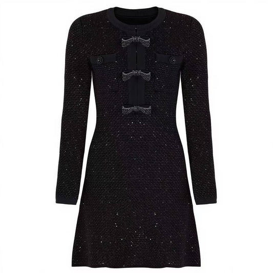 Black Knit Dress with Beaded Bows and Festive Flair - LaRella