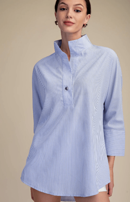 Blue and White Striped Stand Collar Tunic Top - La Rella