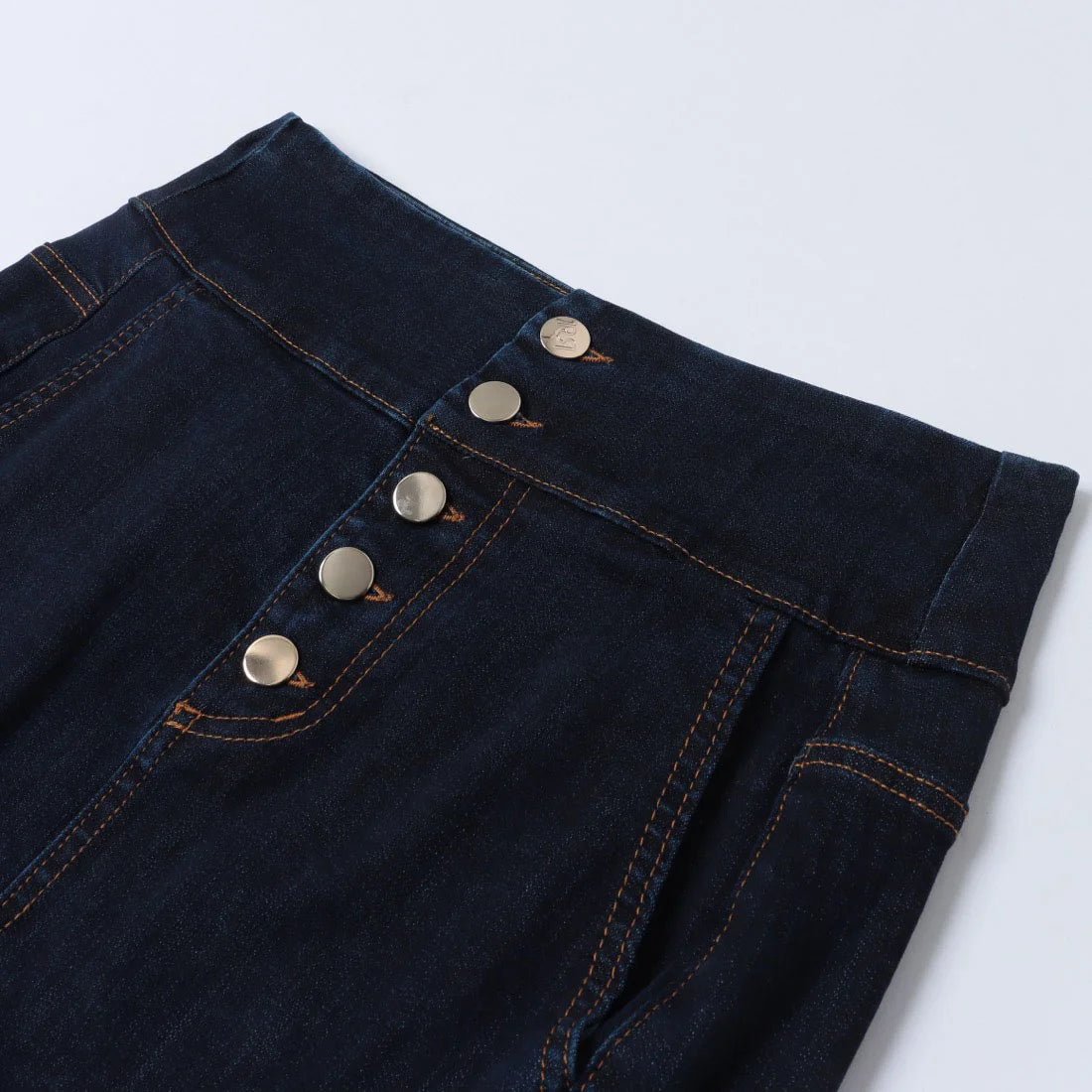 Button-Front Stretch Denim Midi Skirt - La Rella