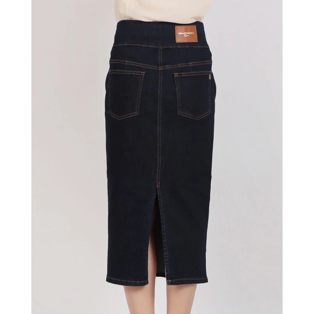 Button-Front Stretch Denim Midi Skirt - La Rella