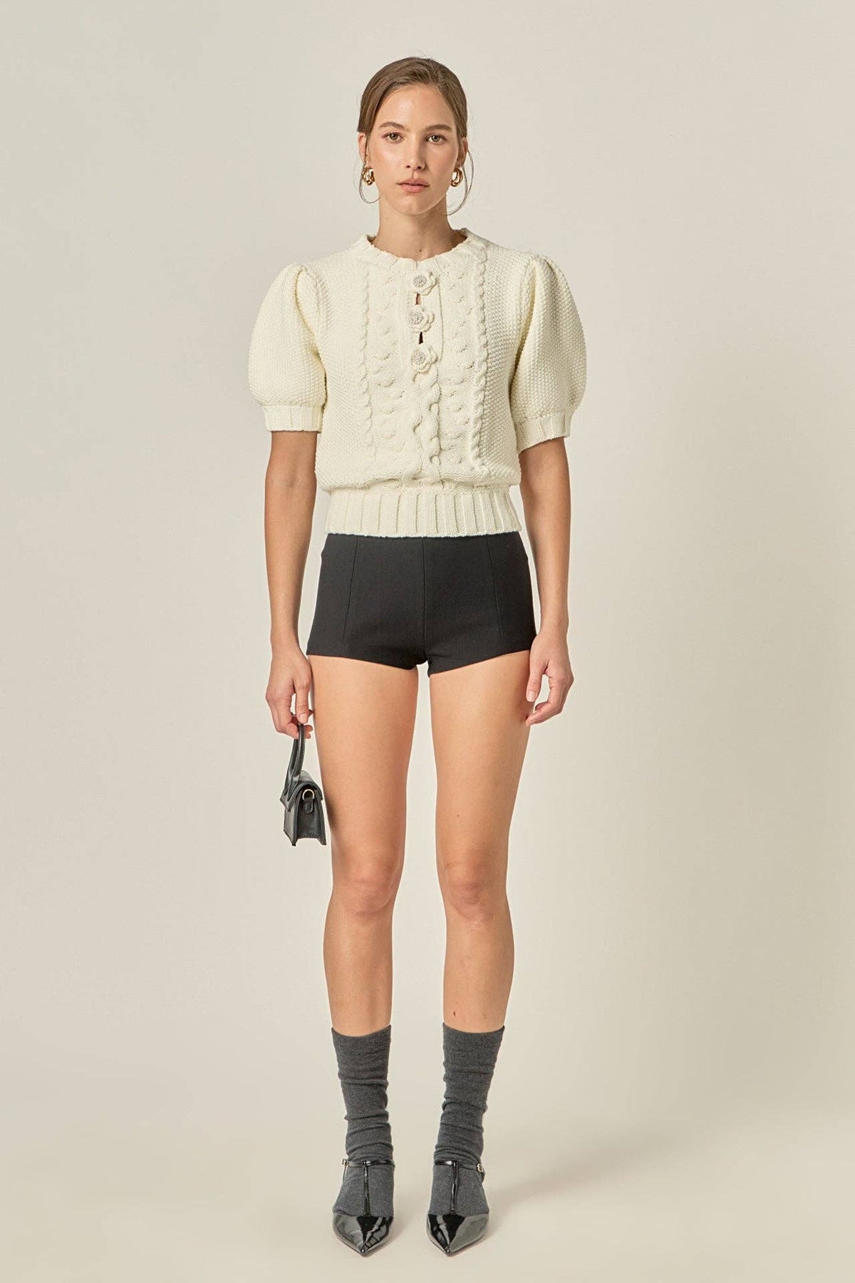 Cable Puff Sleeve Knit with Flower Details - La Rella