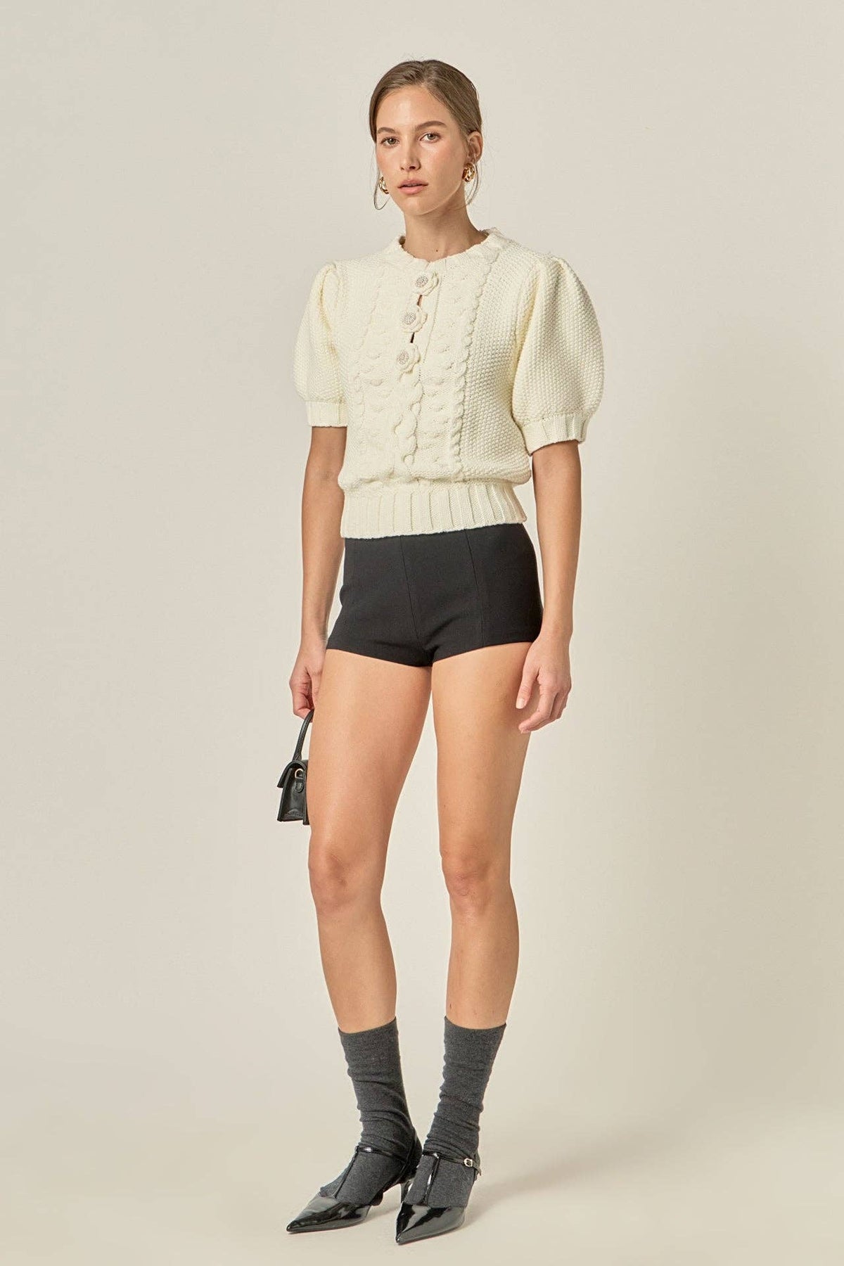 Cable Puff Sleeve Knit with Flower Details - La Rella