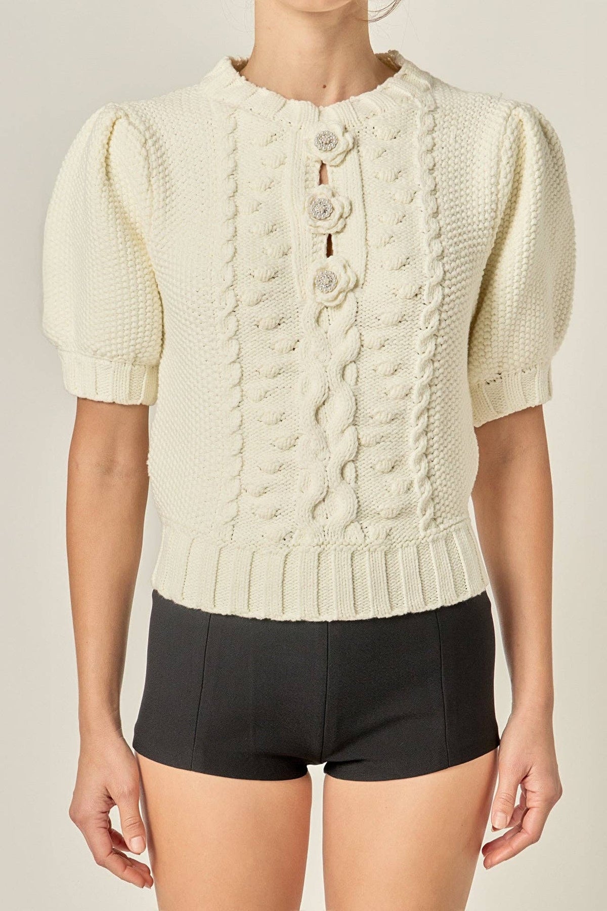 Cable Puff Sleeve Knit with Flower Details - La Rella