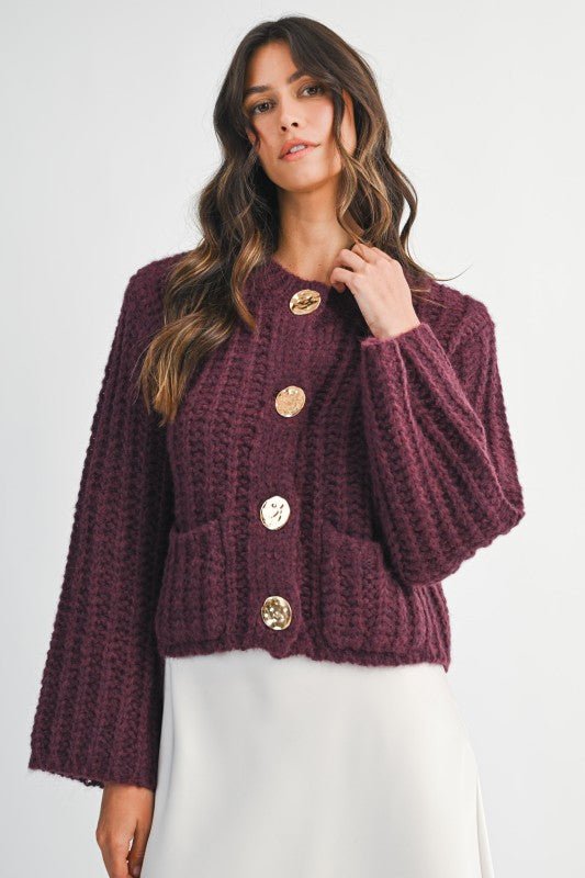 Chunky Knit Long Sleeve Gold Button Down Cardigan - LaRella